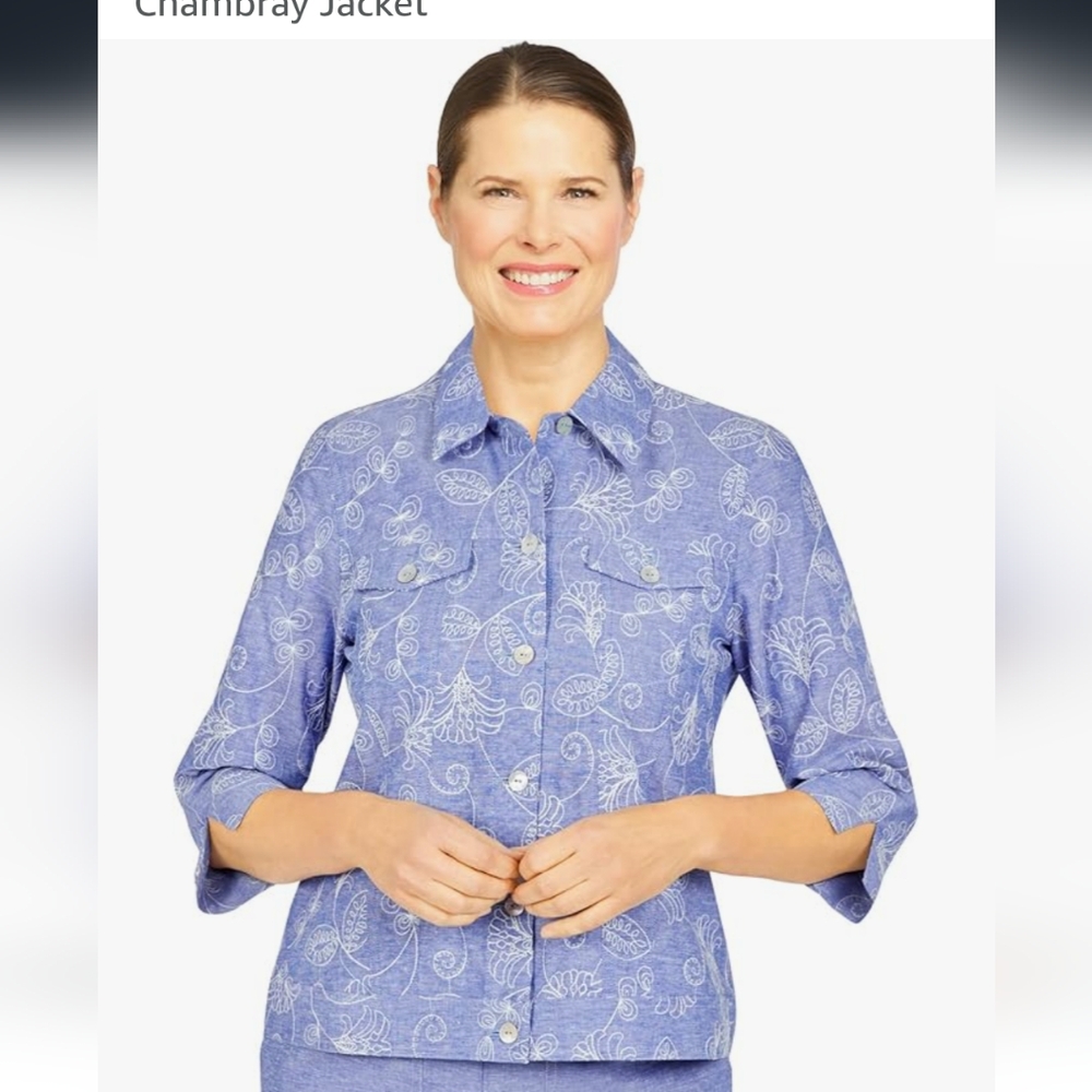 Alfred Dunner Chambray Embroidered Floral Jacket